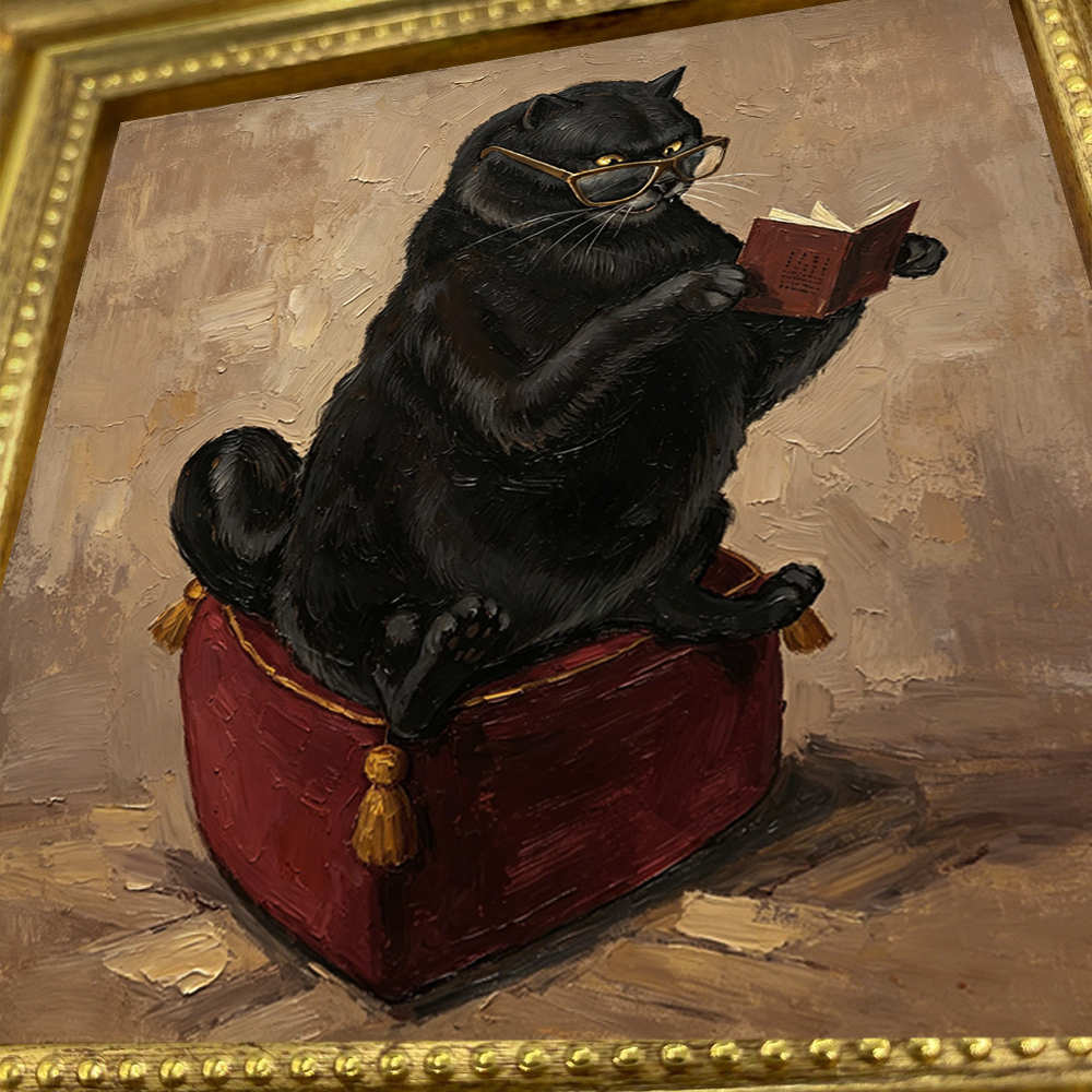 Scholarly Black Cat Reading Book Canvas Print, Impasto Oil Painting, Antique Gold Frame, 4x4"/Dark Academia Decor