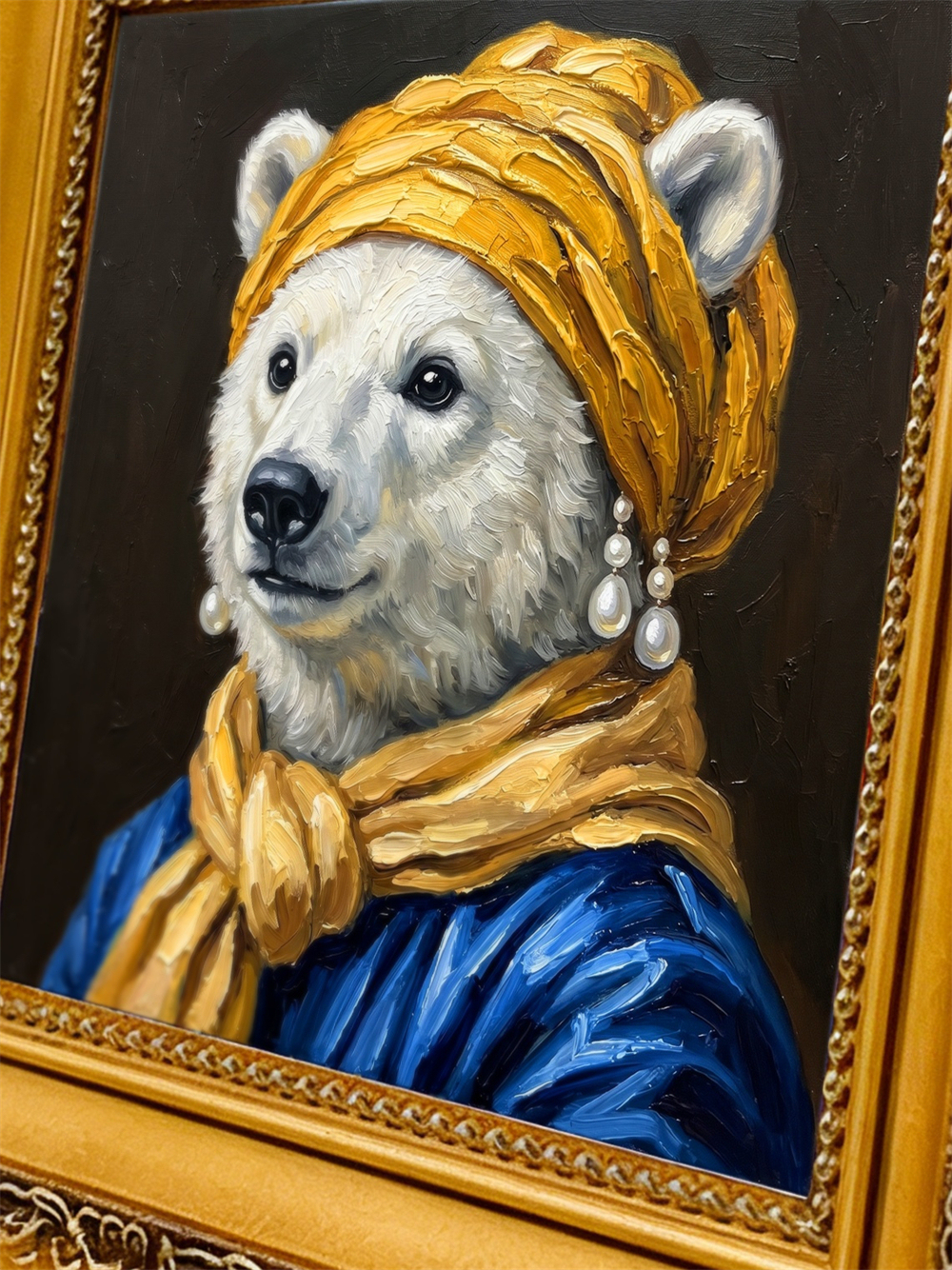 Polar Bear Pearl Earring Oil Painting, Framed Animal Wall Art, Classic Portrait Gift,Gift For Her&Him
