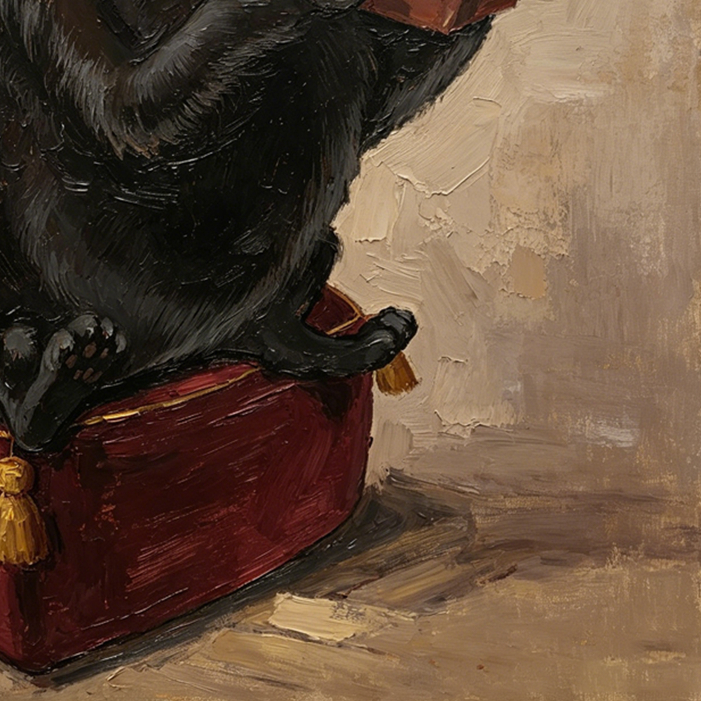 Scholarly Black Cat Reading Book Canvas Print, Impasto Oil Painting, Antique Gold Frame, 4x4"/Dark Academia Decor