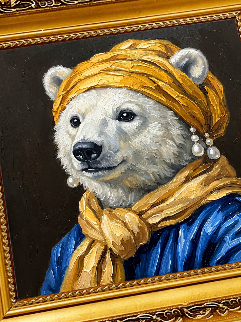 Polar Bear Pearl Earring Oil Painting, Framed Animal Wall Art, Classic Portrait Gift,Gift For Her&Him