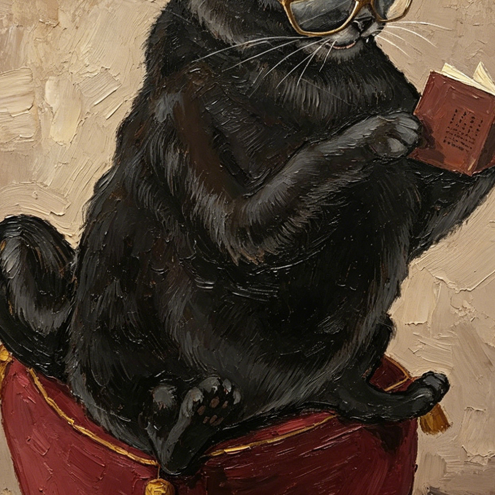 Scholarly Black Cat Reading Book Canvas Print, Impasto Oil Painting, Antique Gold Frame, 4x4"/Dark Academia Decor