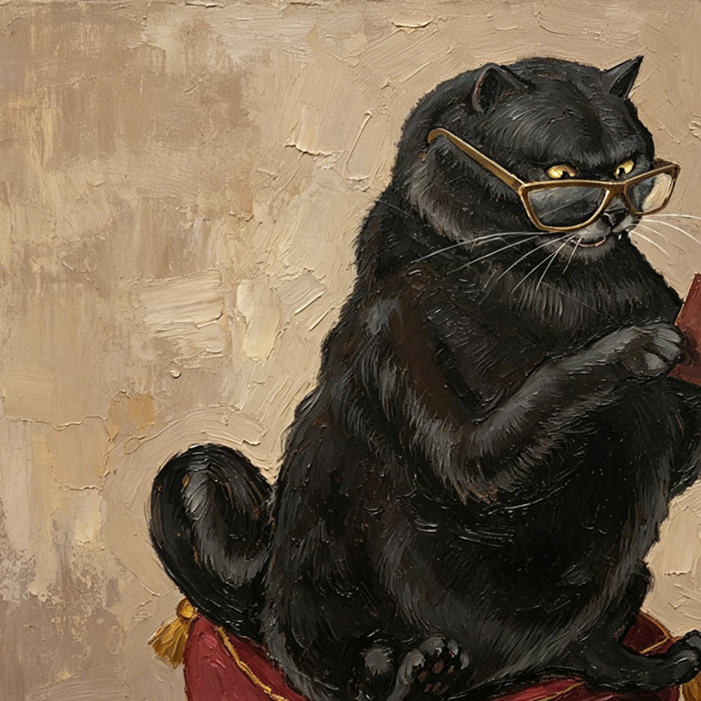 Scholarly Black Cat Reading Book Canvas Print, Impasto Oil Painting, Antique Gold Frame, 4x4"/Dark Academia Decor