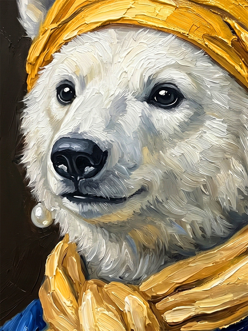 Polar Bear Pearl Earring Oil Painting, Framed Animal Wall Art, Classic Portrait Gift,Gift For Her&Him