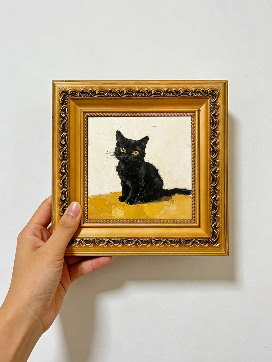 Black Cat Gold Frame Oil Painting Dining Room Wall Art Custom oil painting from photo Gift for Friend