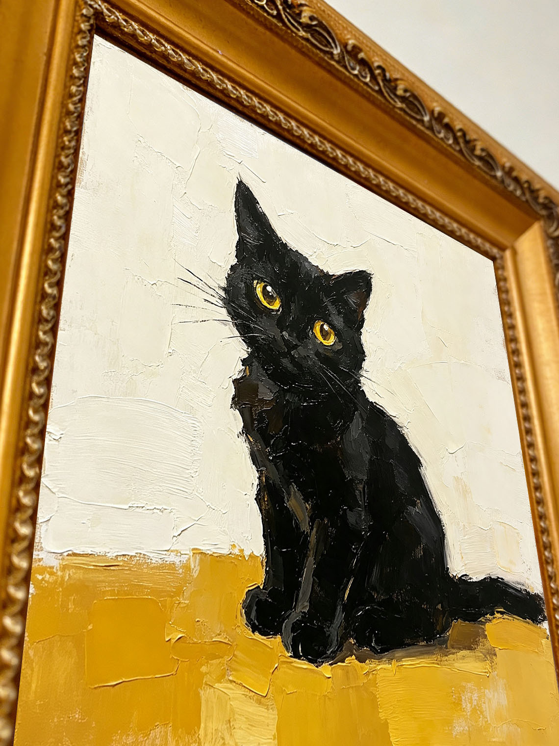 Black Cat Gold Frame Oil Painting Dining Room Wall Art Custom oil painting from photo Gift for Friend