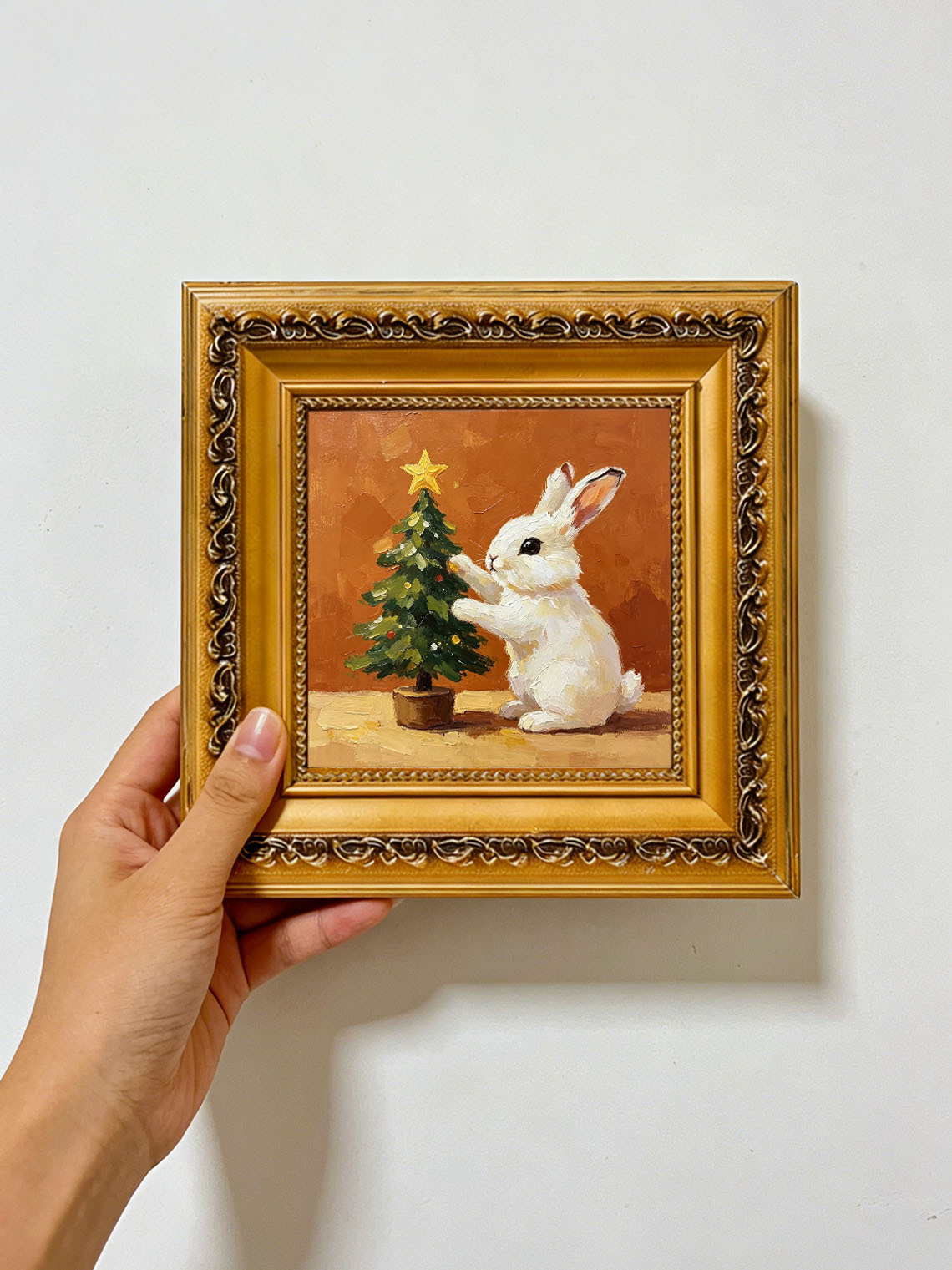 Bunny Christmas Tree Oil Painting Dining Room Wall Art,Custom oil painting from photo ,Gift for Friend