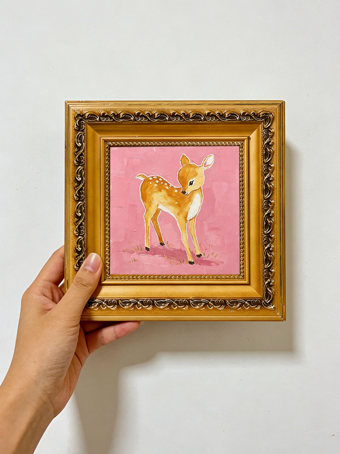 Pink Deer Fawn Oil Painting Dining Room Wall Art, Custom oil painting from photo ,Gift for Friend