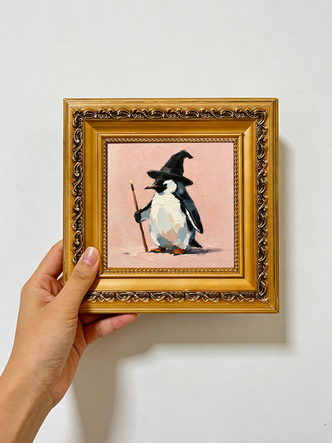 Penguin Wizard Hat Oil Painting Dining Room Wall Art, Custom oil painting from photo, Gift for Friend