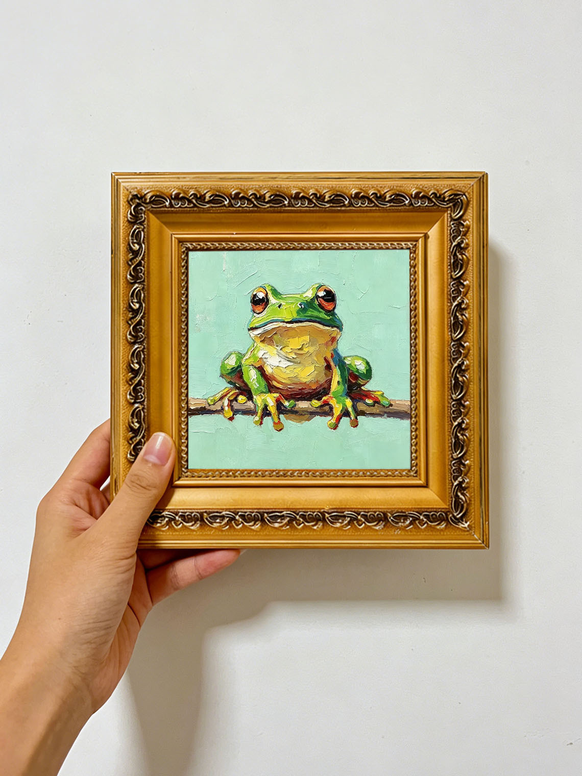 Frog Branch Green Oil Painting Dining Room Wall Art,Custom oil painting from photo, Gift for Friend