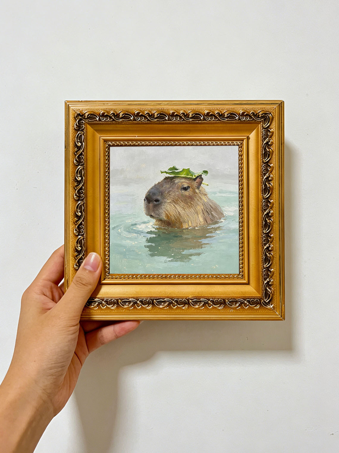 Capybara Water Leaf Oil Painting, Dining Room Wall Art, Custom oil painting from photo, Gift for Friend