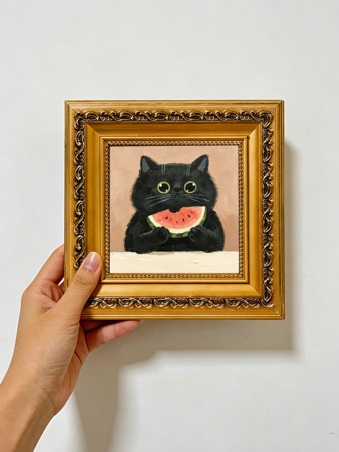 Black Cat Watermelon Oil Painting, Dining Room Wall Art ,Custom oil painting from photo ,Gift for Friend