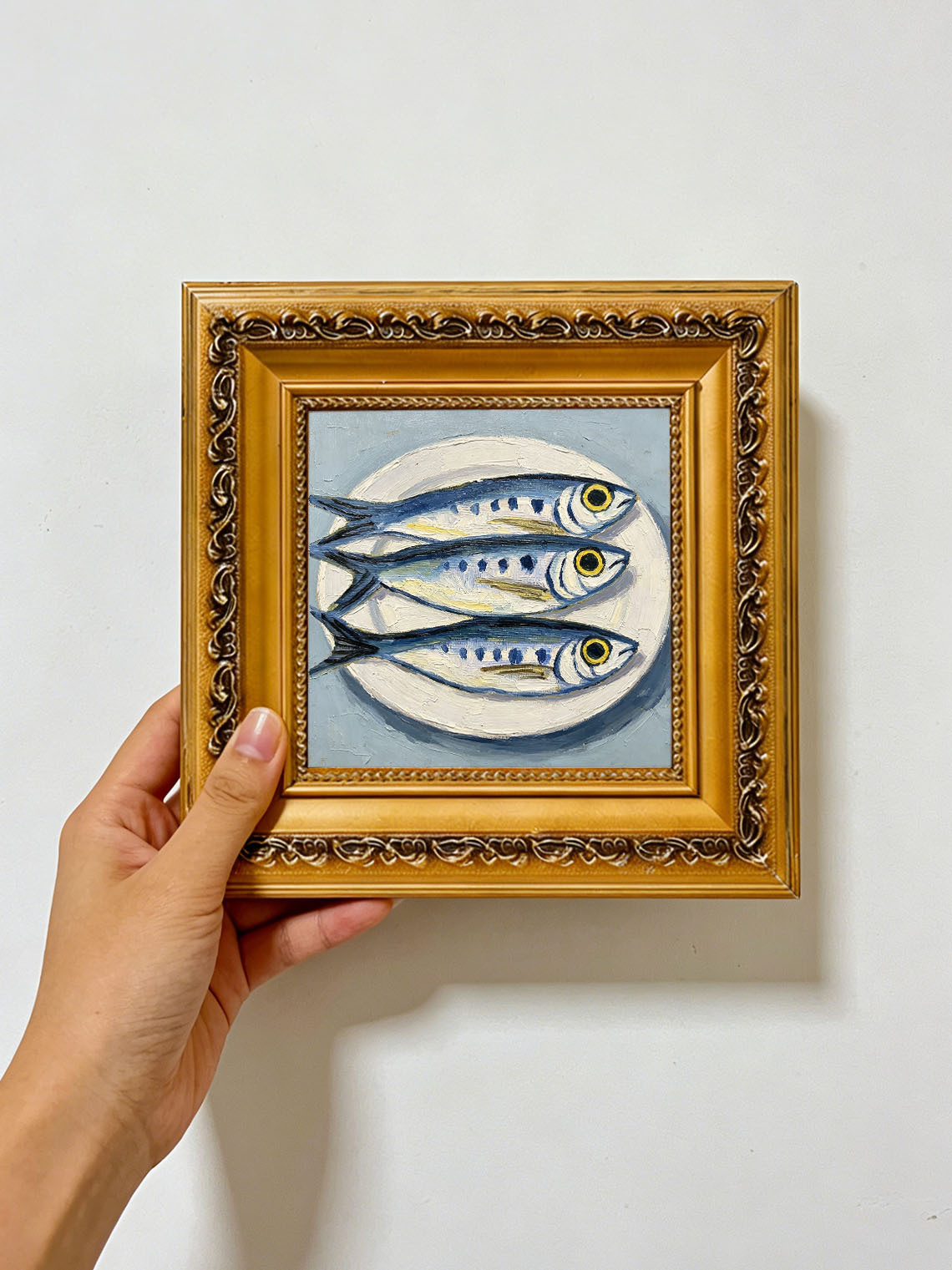 Three Sardines on Plate Oil Painting, Dining Room Wall Decor, Custom Oil Painting From Photo, Gift for Friend