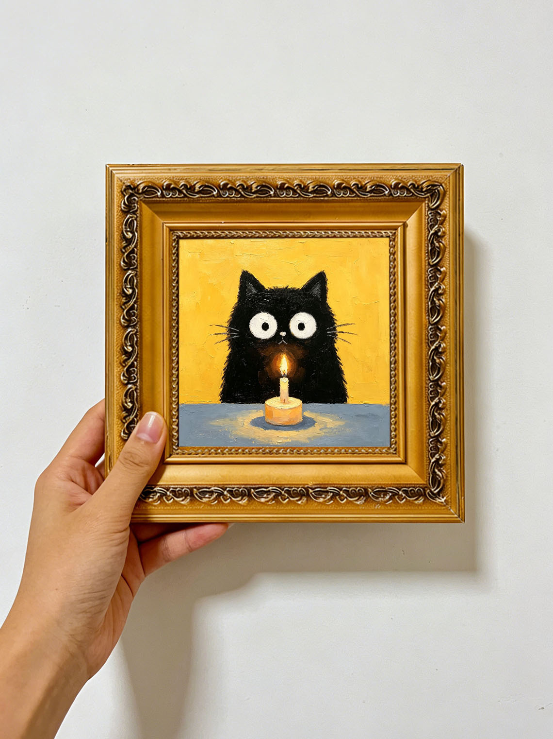 Hand-painted Black Cat Candle Painting, Dining Room Wall Art,Custom Oil Painting from photo, Gift for friend