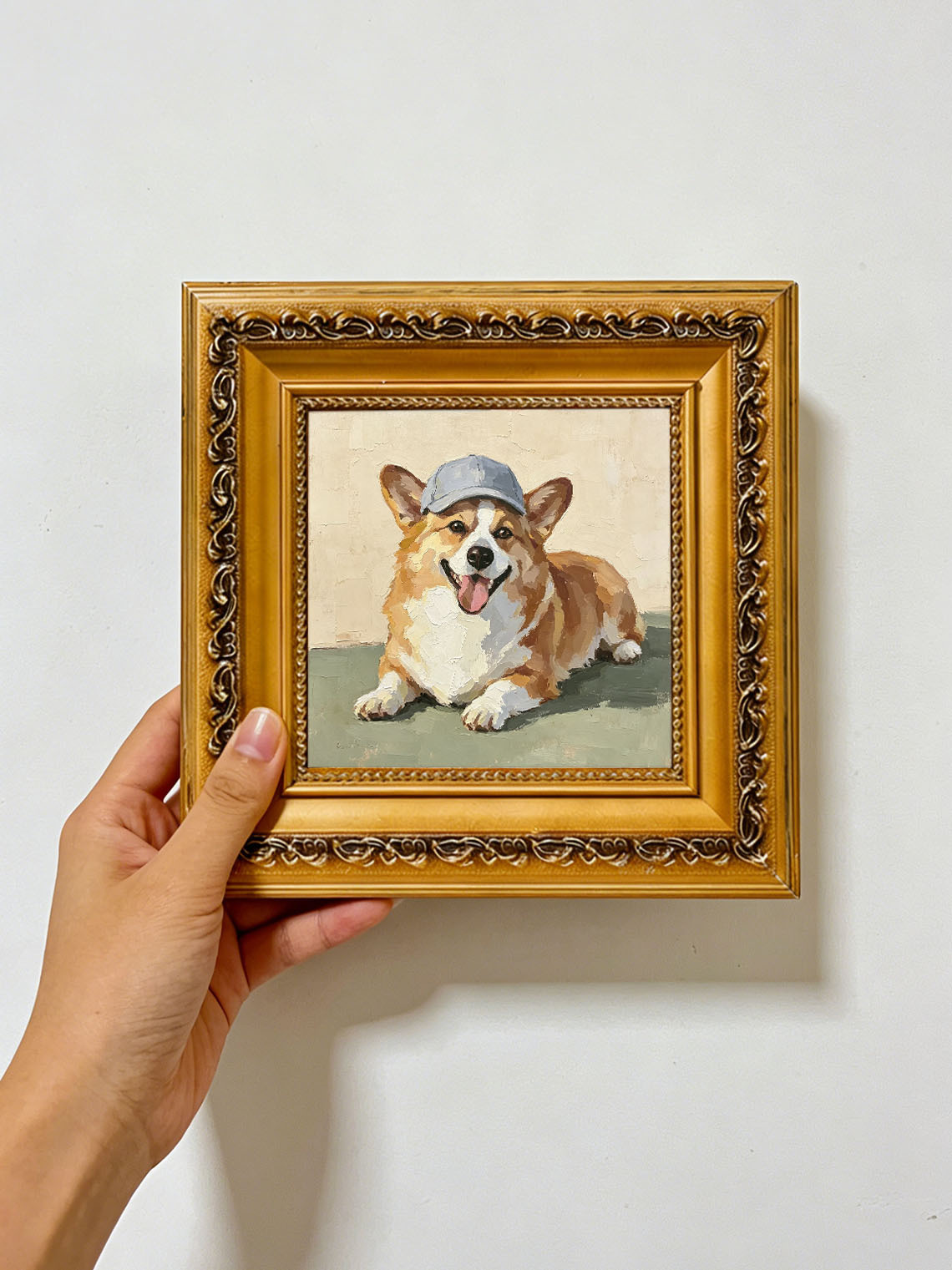 Corgi Dog Blue Cap Oil Painting,Dining Room Wall Art, Custom oil painting from photo, Gift for Friend