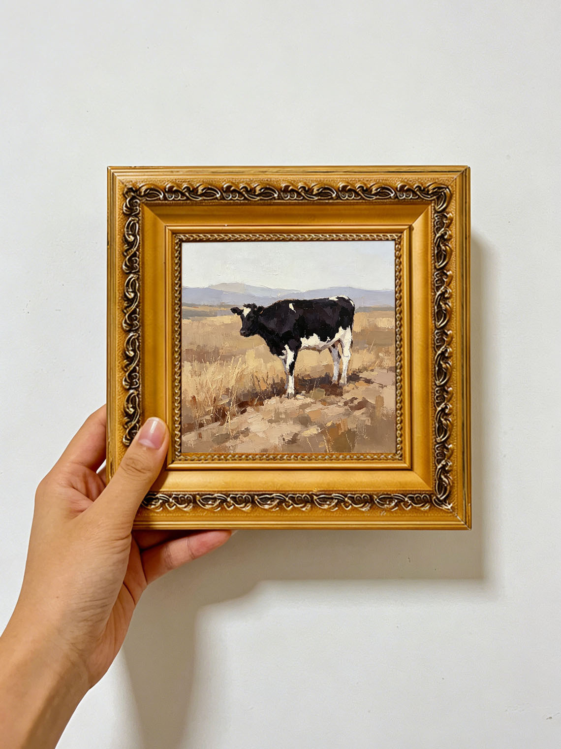 Black White Cow Field Oil Painting, Dining Room Wall Art, Custom oil painting from photo, Gift for Friend