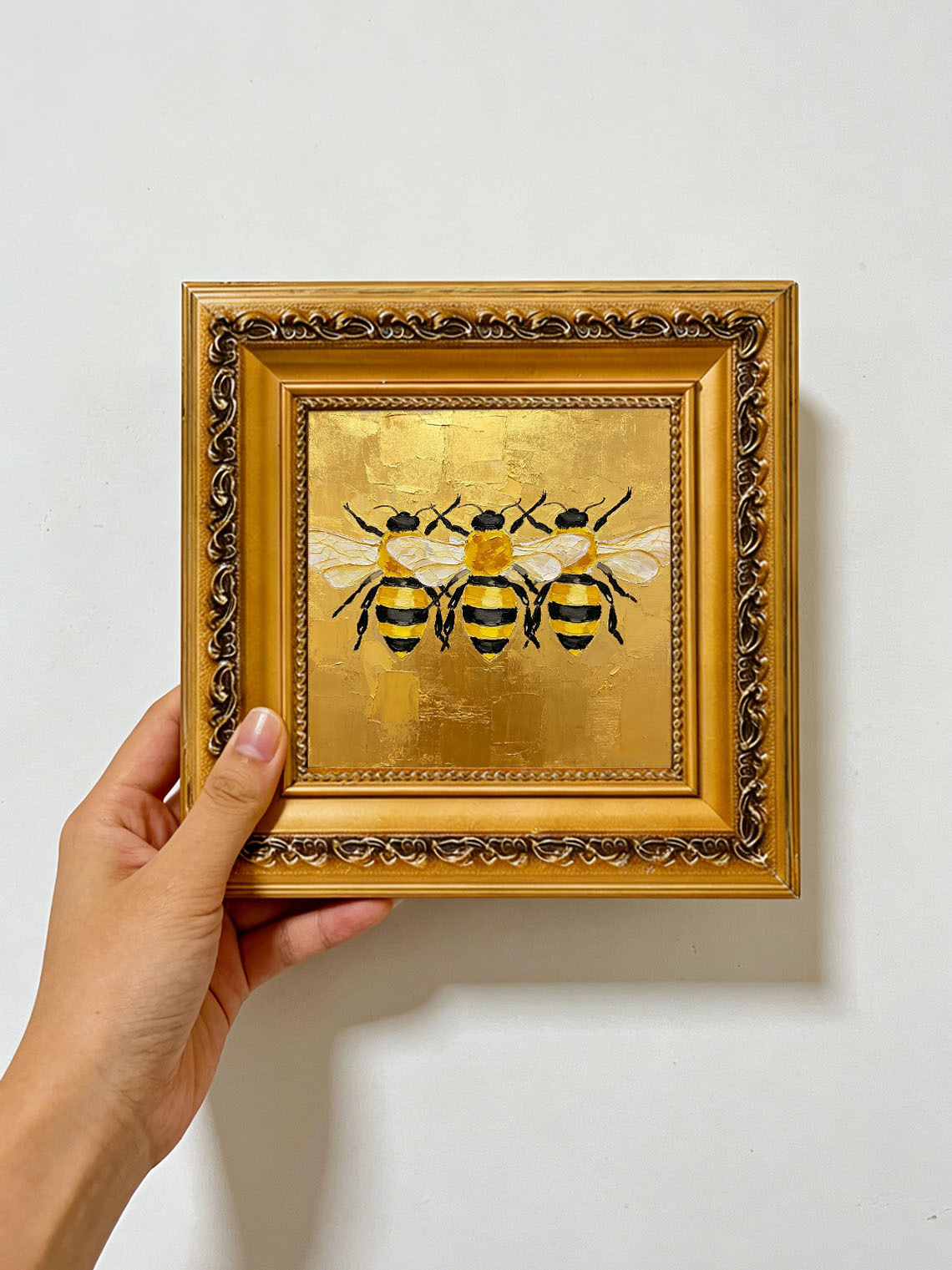 Three Bees Gold Oil Painting,Dining Room Wall Art,Custom from photo,Gift for Friend
