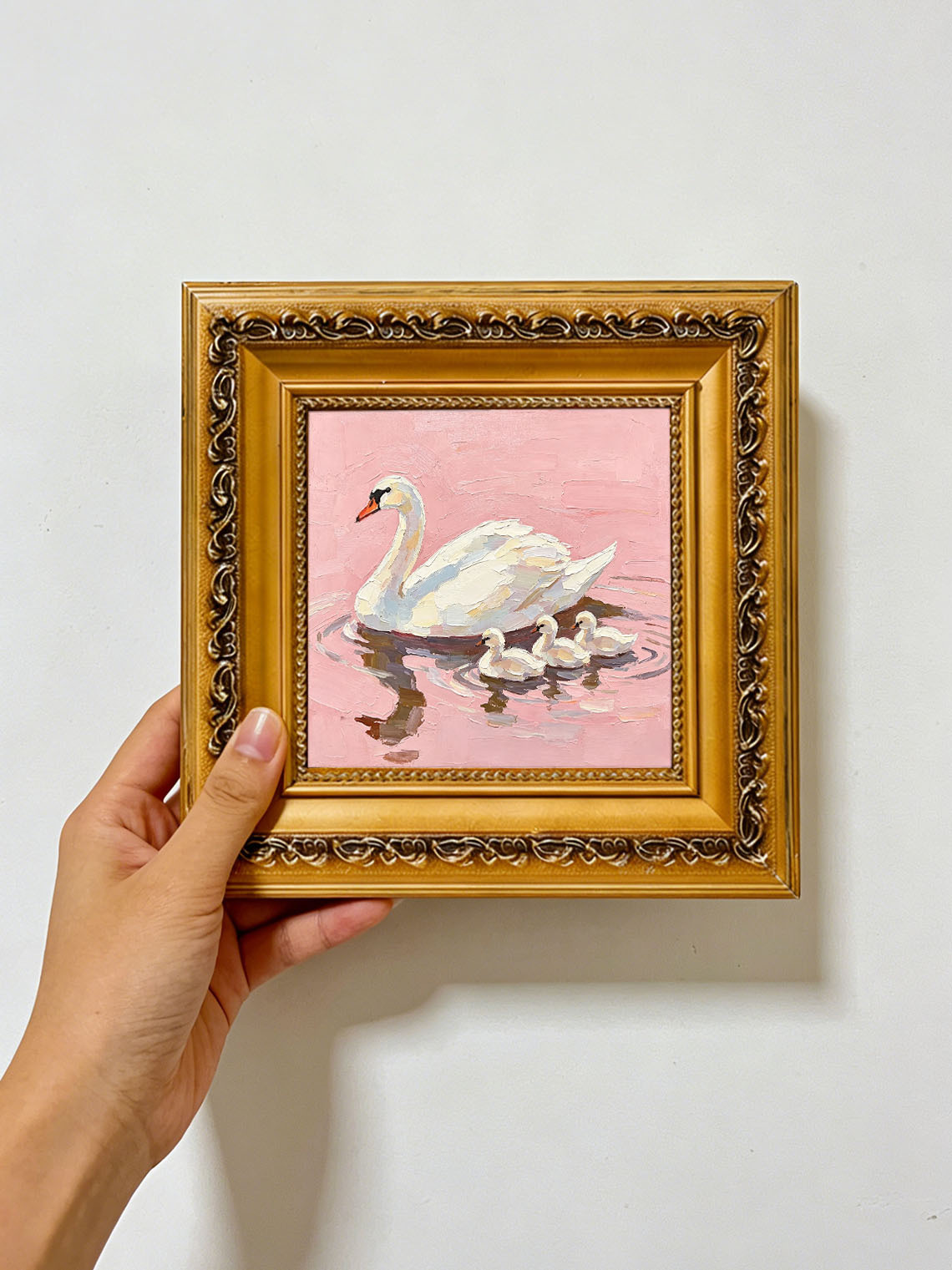 Swan Cygnets Pink Oil Painting, Dining Room Wall Art, Custom oil painting from photo Gift for Friend