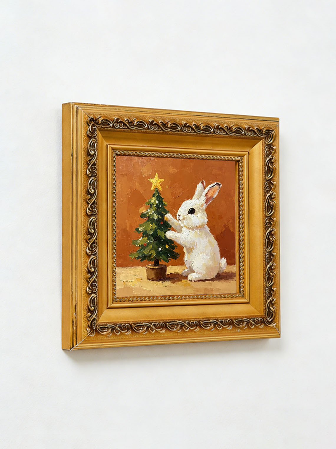 Bunny Christmas Tree Oil Painting Dining Room Wall Art,Custom oil painting from photo ,Gift for Friend