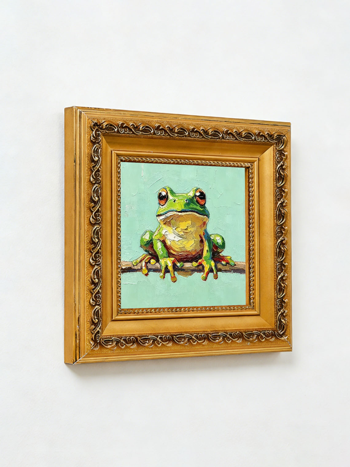 Frog Branch Green Oil Painting Dining Room Wall Art,Custom oil painting from photo, Gift for Friend