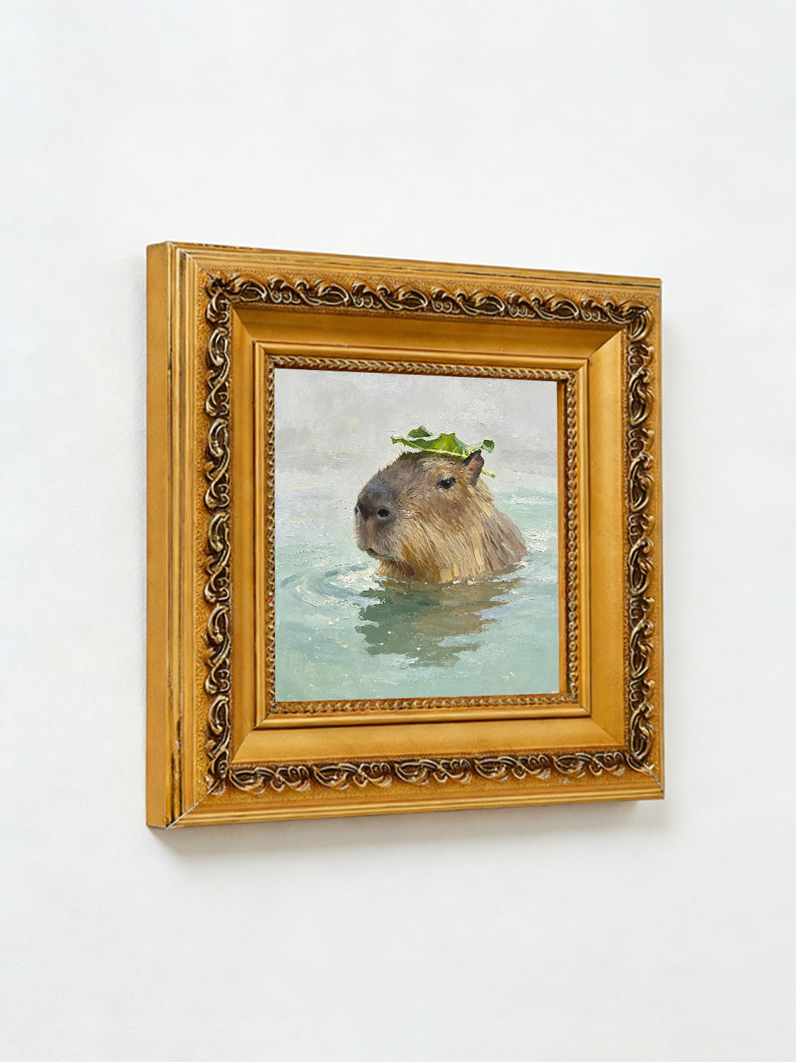Capybara Water Leaf Oil Painting, Dining Room Wall Art, Custom oil painting from photo, Gift for Friend
