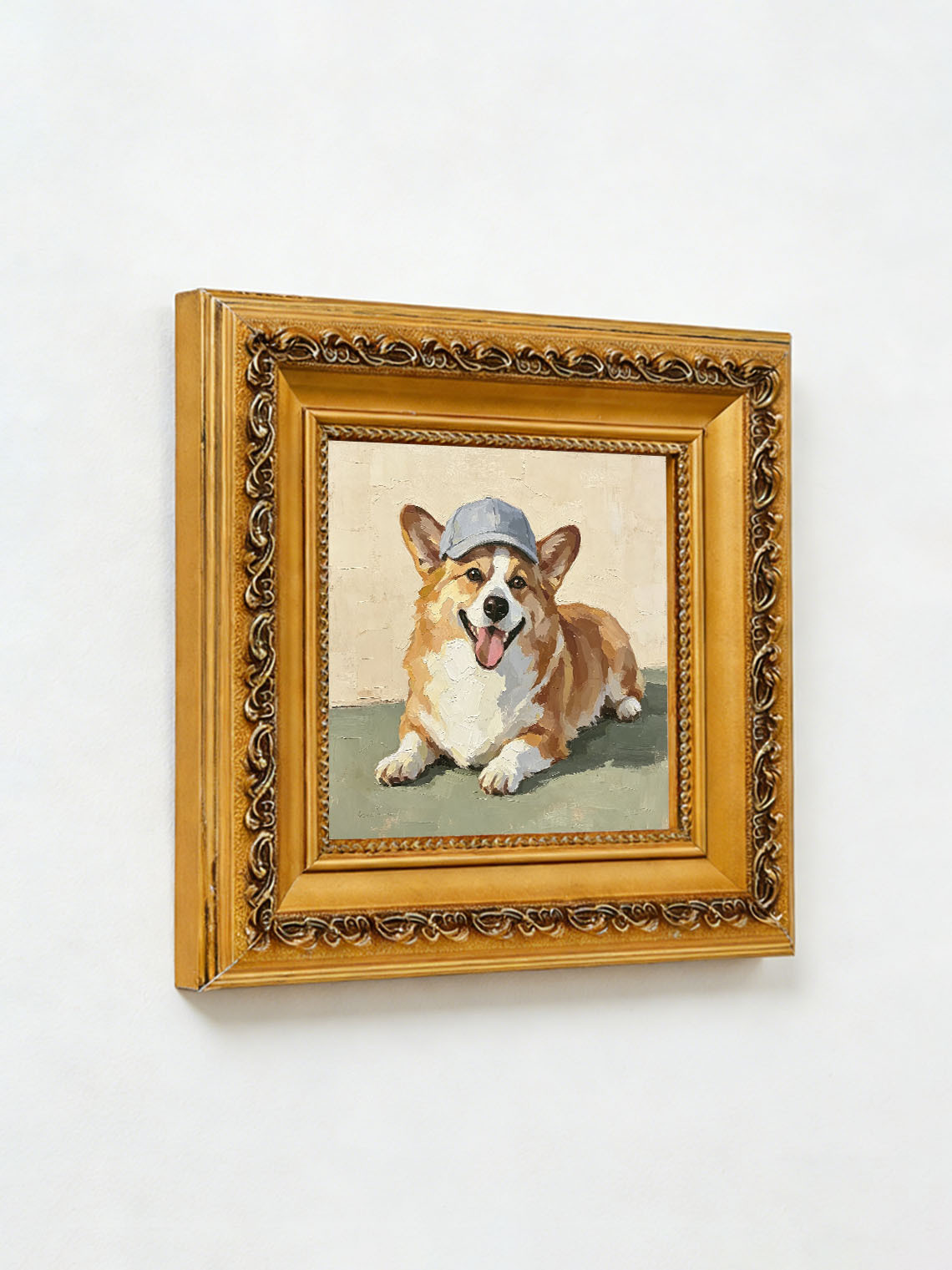 Corgi Dog Blue Cap Oil Painting,Dining Room Wall Art, Custom oil painting from photo, Gift for Friend