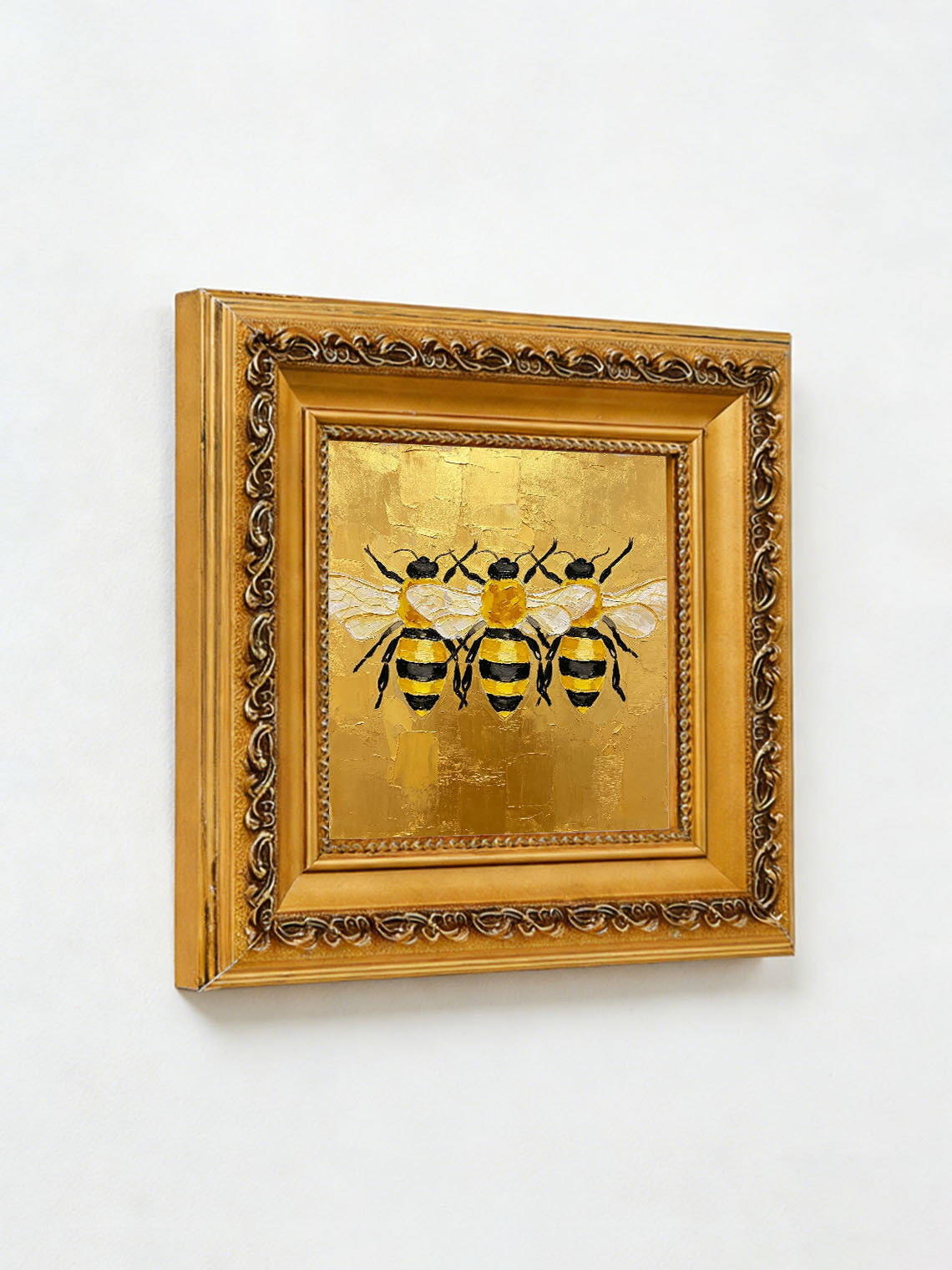 Three Bees Gold Oil Painting,Dining Room Wall Art,Custom from photo,Gift for Friend