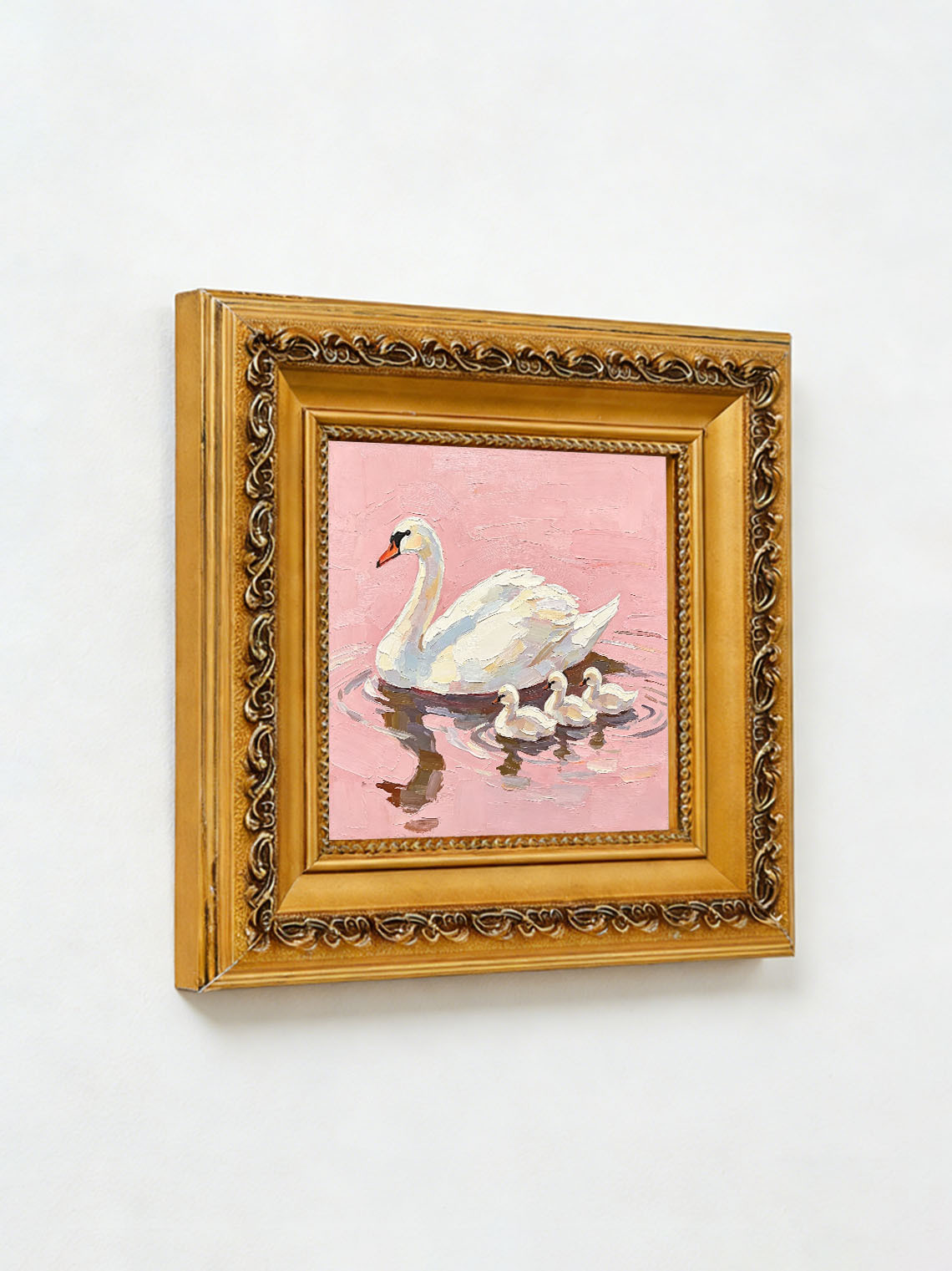 Swan Cygnets Pink Oil Painting, Dining Room Wall Art, Custom oil painting from photo Gift for Friend