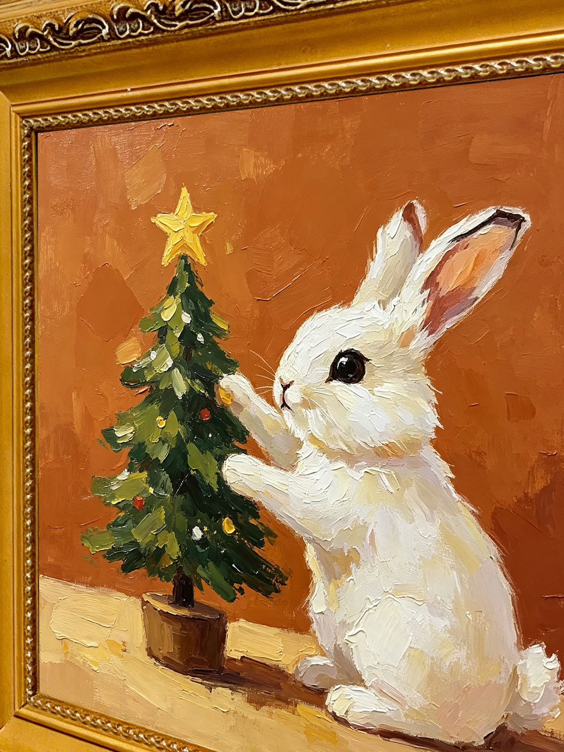 Bunny Christmas Tree Oil Painting Dining Room Wall Art,Custom oil painting from photo ,Gift for Friend