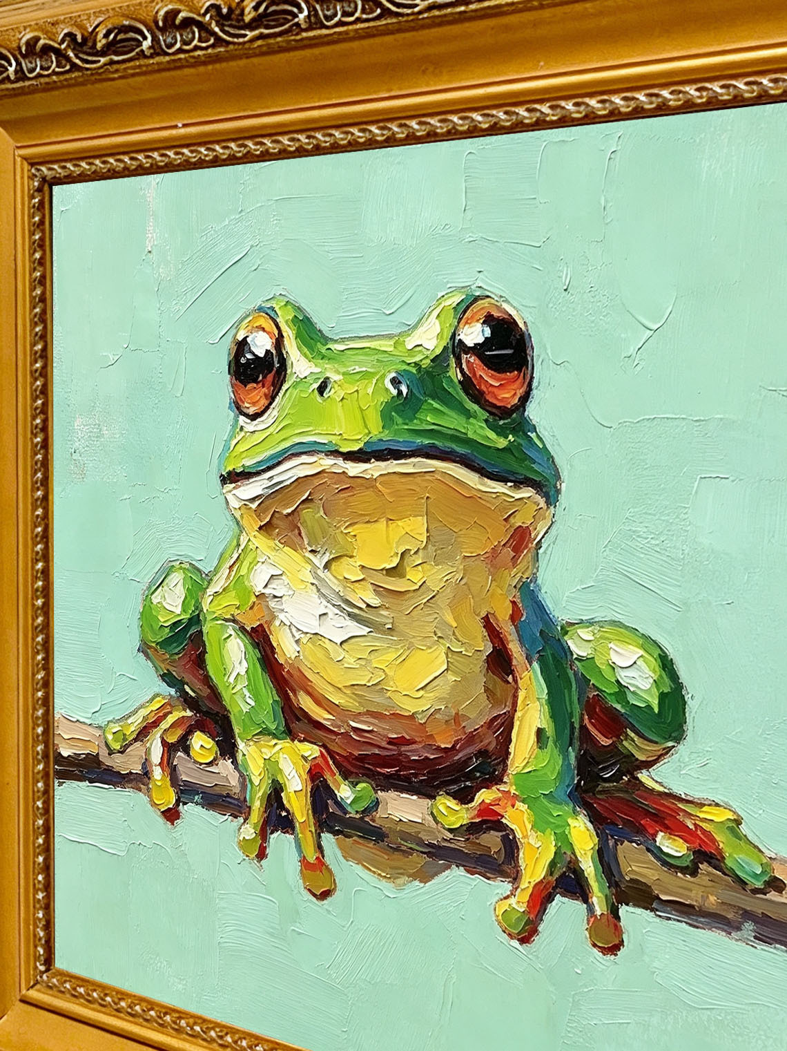 Frog Branch Green Oil Painting Dining Room Wall Art,Custom oil painting from photo, Gift for Friend
