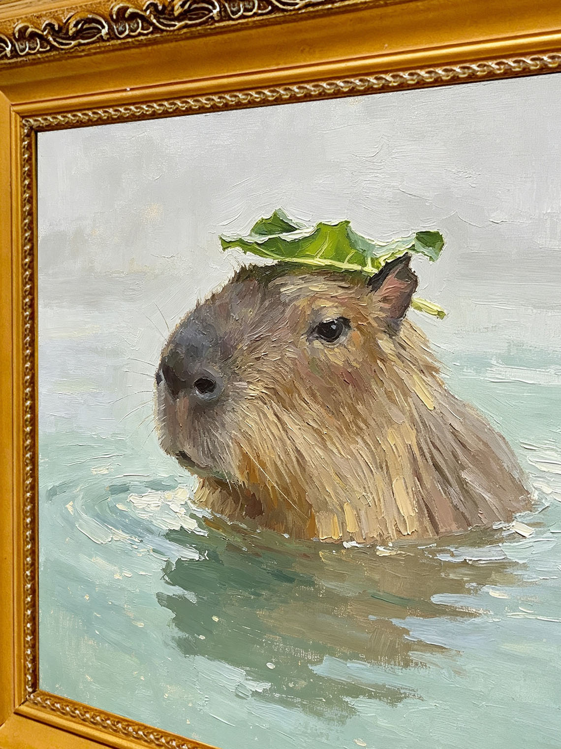 Capybara Water Leaf Oil Painting, Dining Room Wall Art, Custom oil painting from photo, Gift for Friend