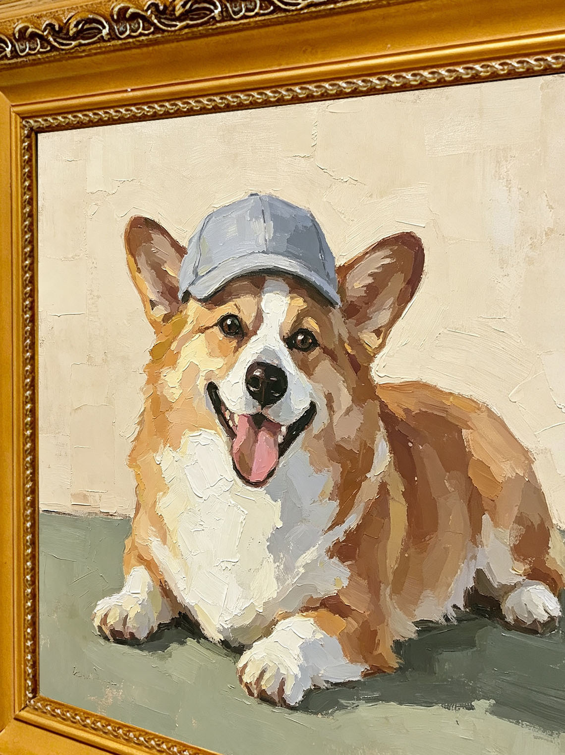 Corgi Dog Blue Cap Oil Painting,Dining Room Wall Art, Custom oil painting from photo, Gift for Friend