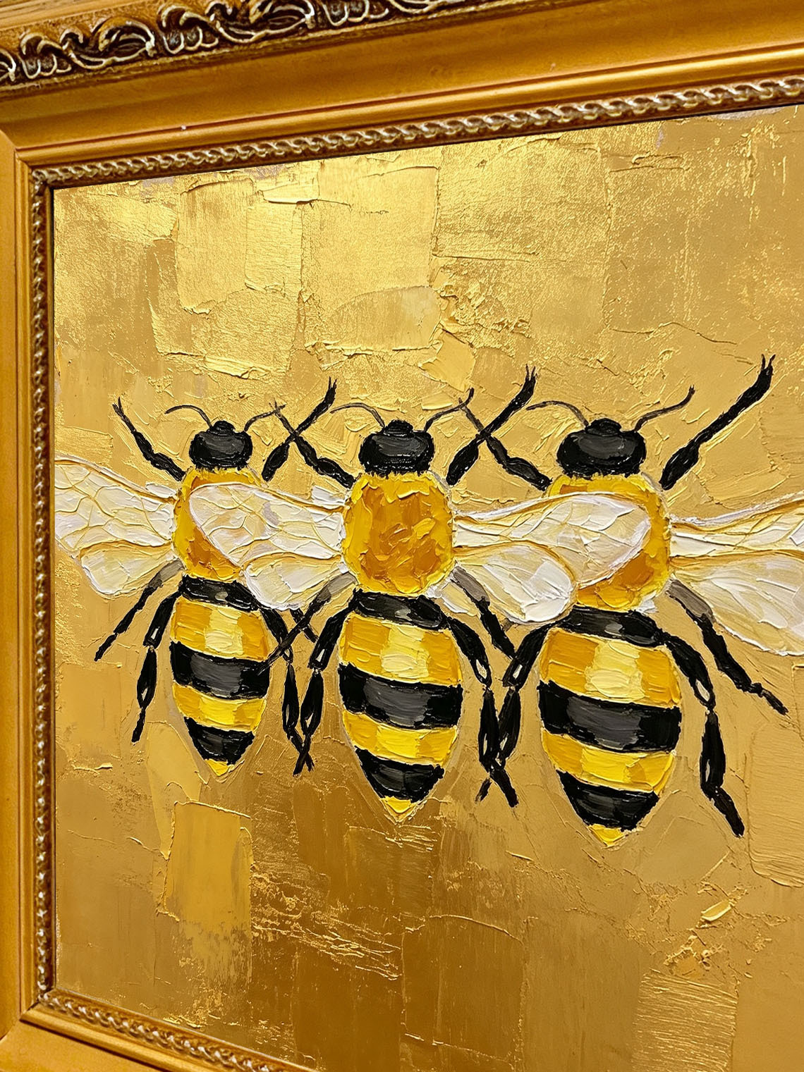 Three Bees Gold Oil Painting,Dining Room Wall Art,Custom from photo,Gift for Friend