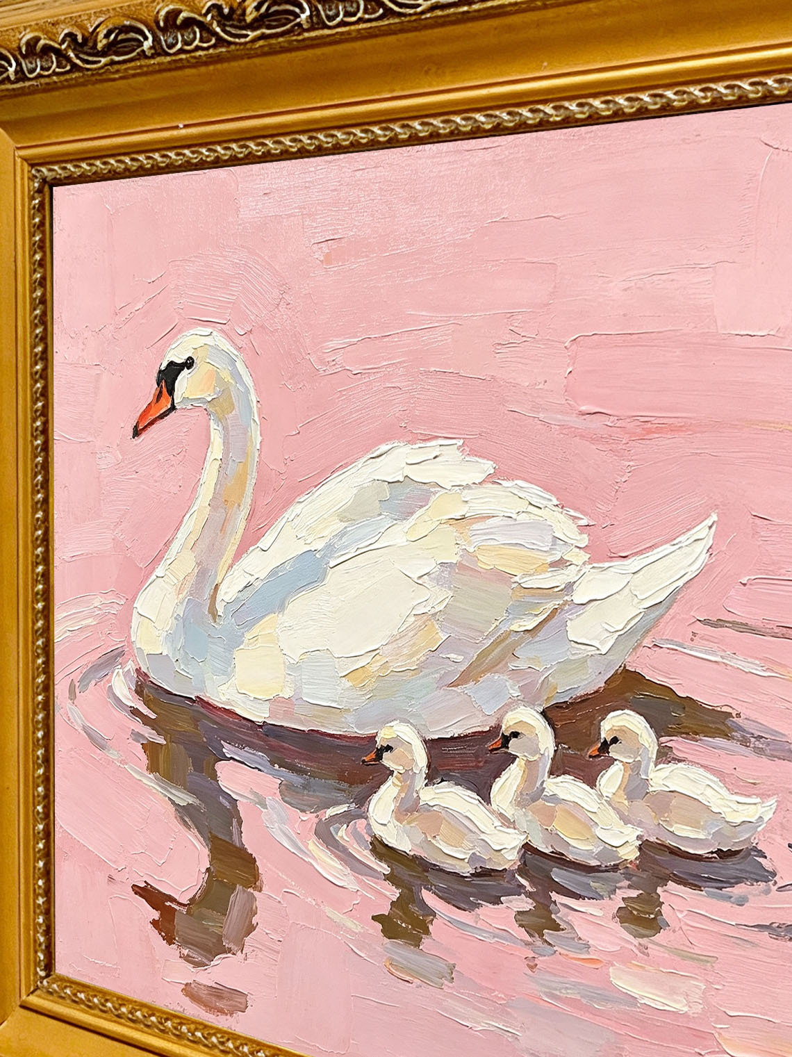 Swan Cygnets Pink Oil Painting, Dining Room Wall Art, Custom oil painting from photo Gift for Friend