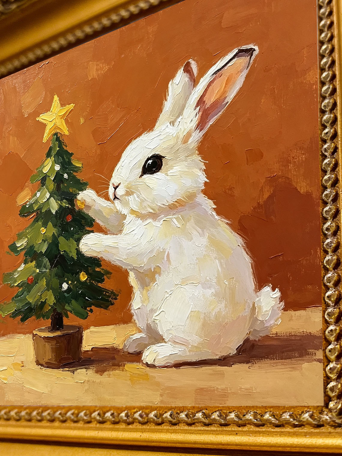 Bunny Christmas Tree Oil Painting Dining Room Wall Art,Custom oil painting from photo ,Gift for Friend