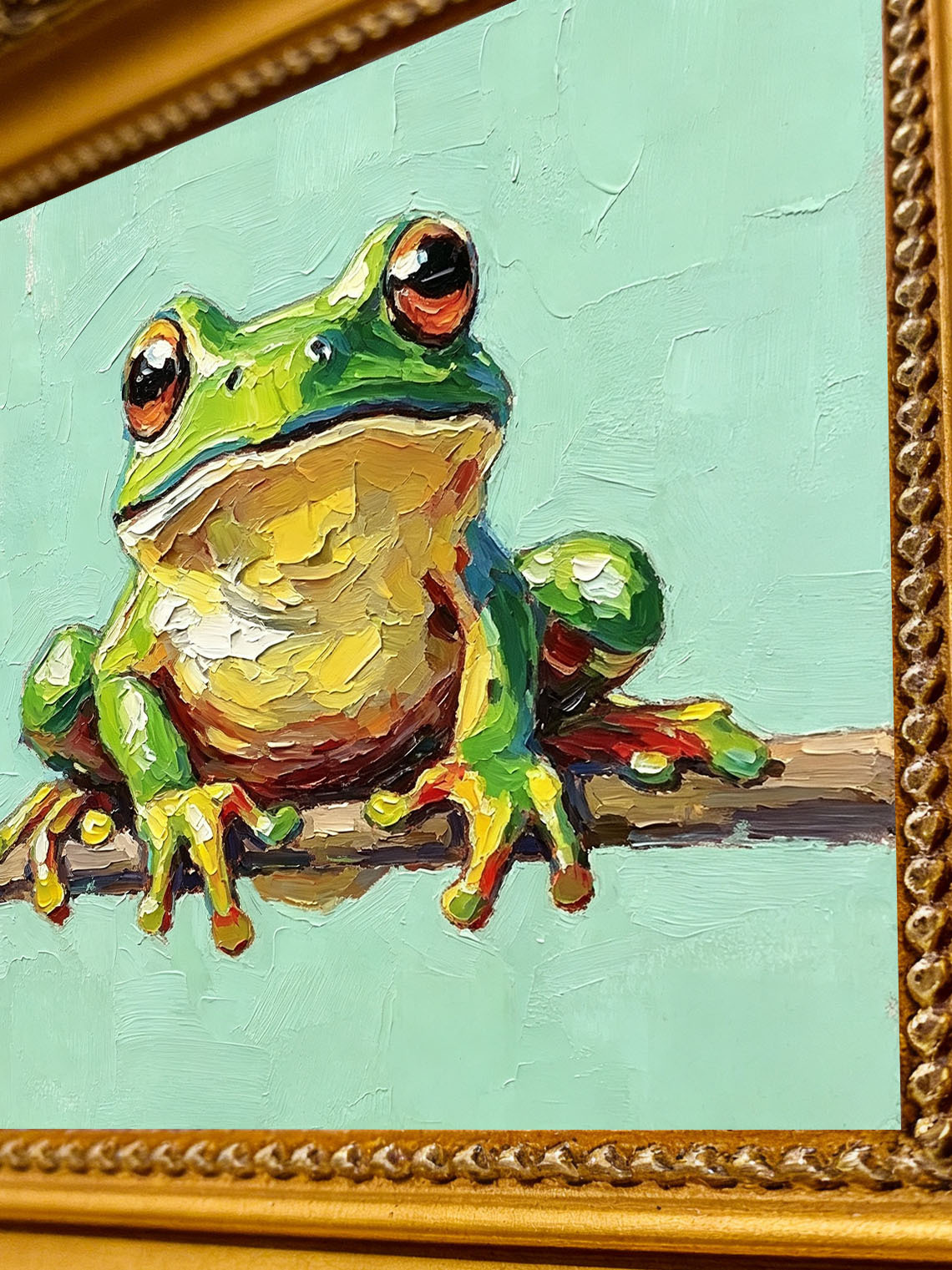 Frog Branch Green Oil Painting Dining Room Wall Art,Custom oil painting from photo, Gift for Friend