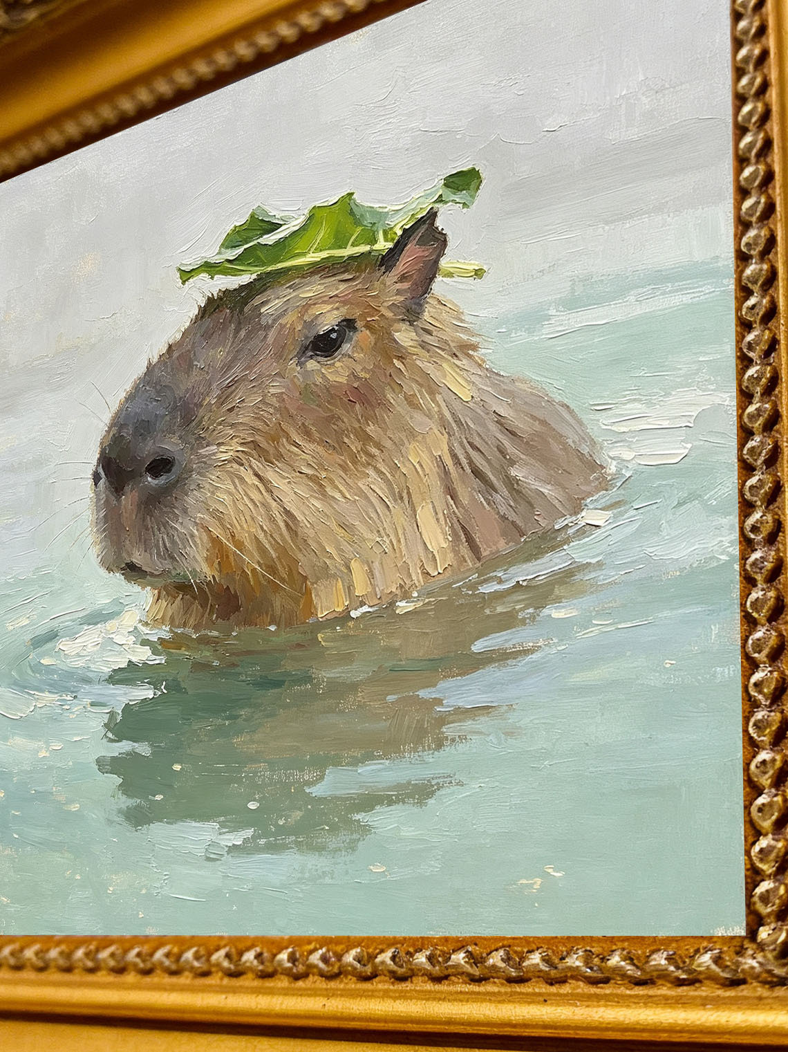 Capybara Water Leaf Oil Painting, Dining Room Wall Art, Custom oil painting from photo, Gift for Friend