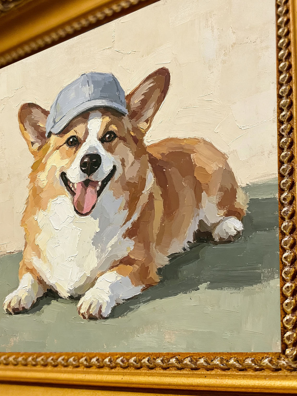 Corgi Dog Blue Cap Oil Painting,Dining Room Wall Art, Custom oil painting from photo, Gift for Friend
