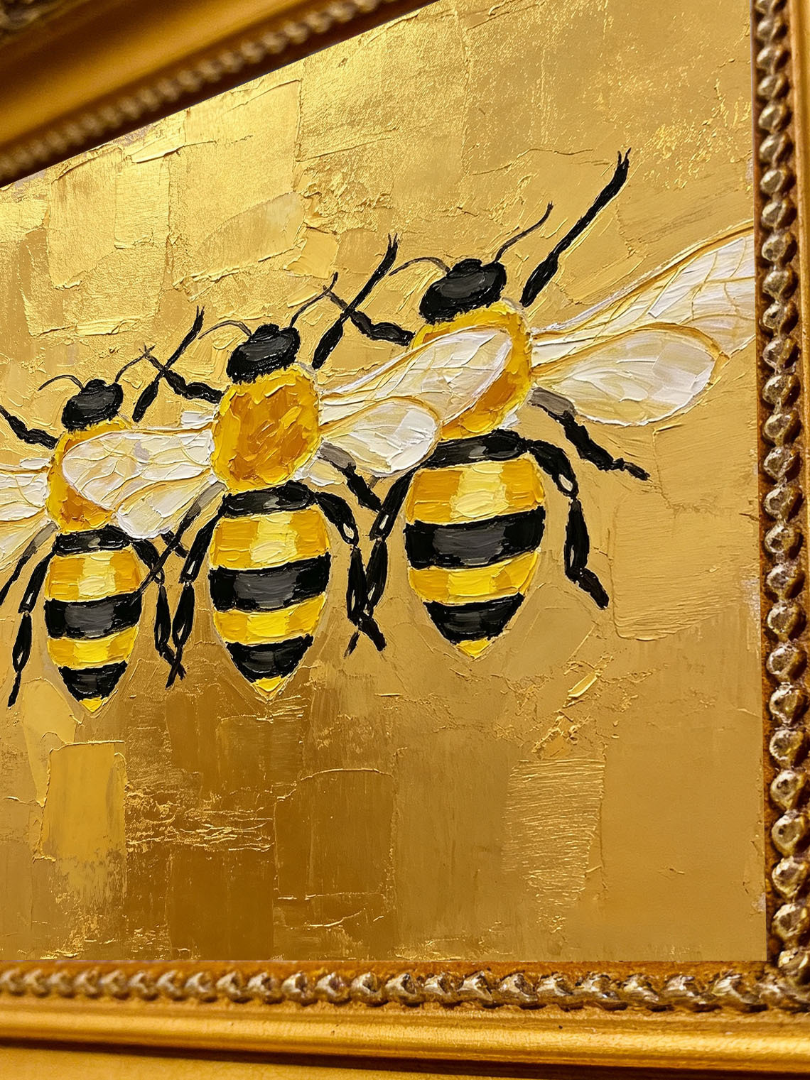 Three Bees Gold Oil Painting,Dining Room Wall Art,Custom from photo,Gift for Friend