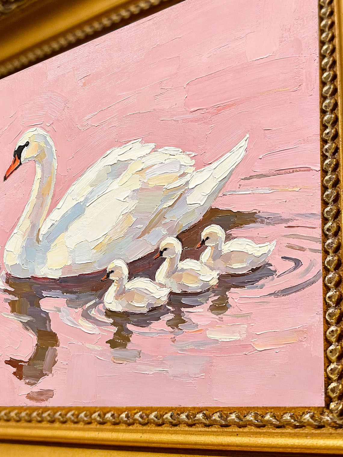 Swan Cygnets Pink Oil Painting, Dining Room Wall Art, Custom oil painting from photo Gift for Friend