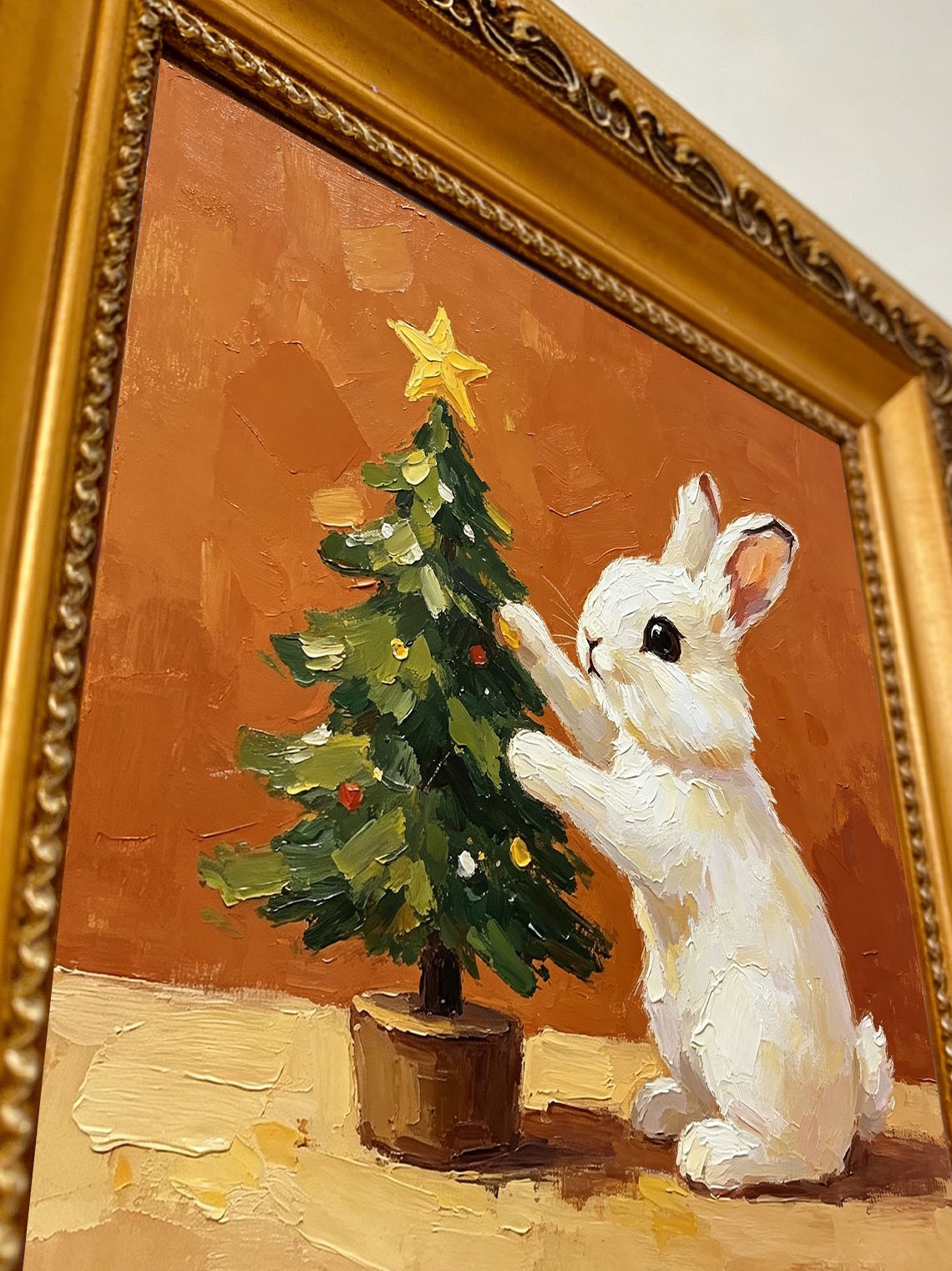 Bunny Christmas Tree Oil Painting Dining Room Wall Art,Custom oil painting from photo ,Gift for Friend