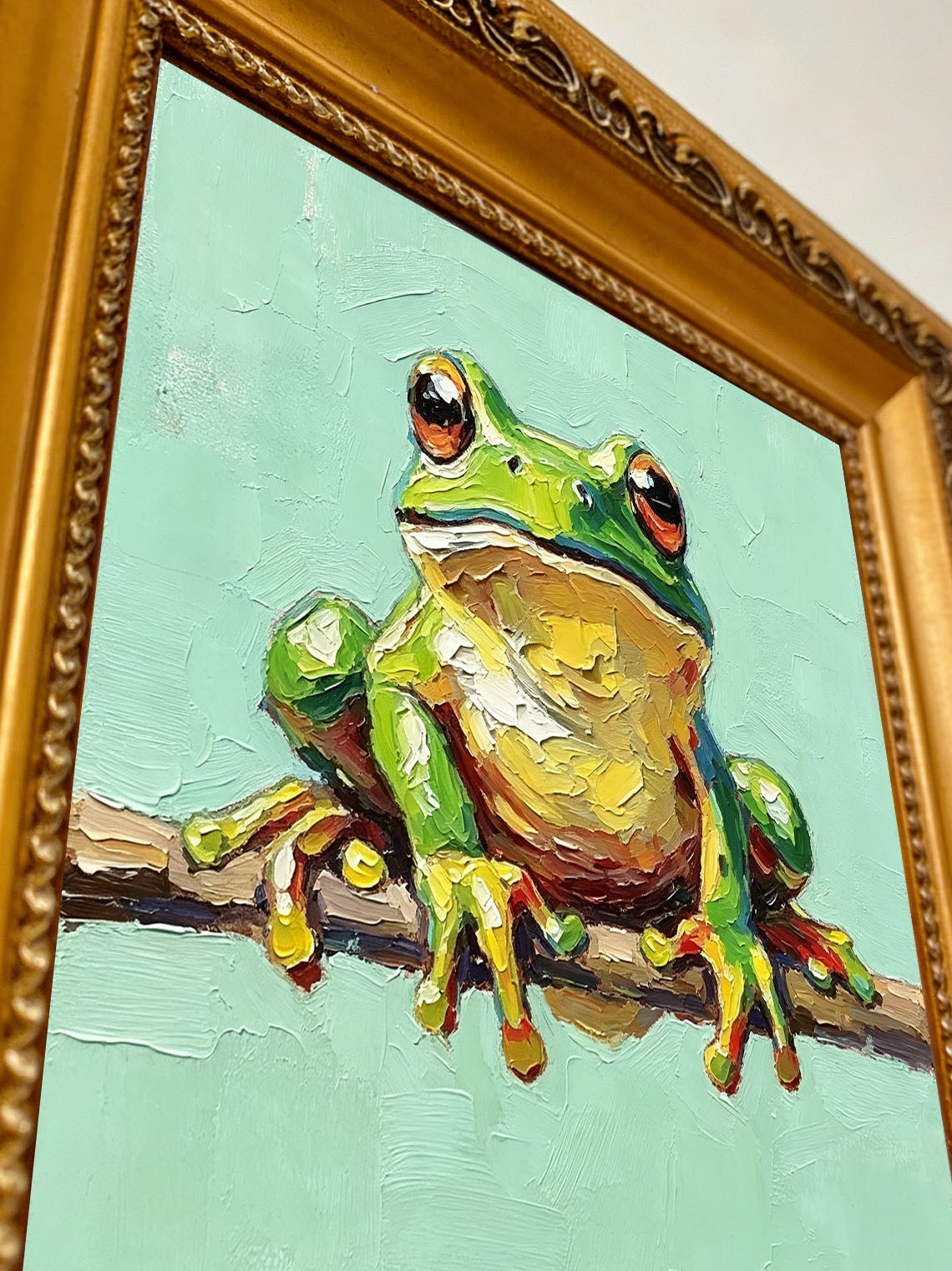 Frog Branch Green Oil Painting Dining Room Wall Art,Custom oil painting from photo, Gift for Friend