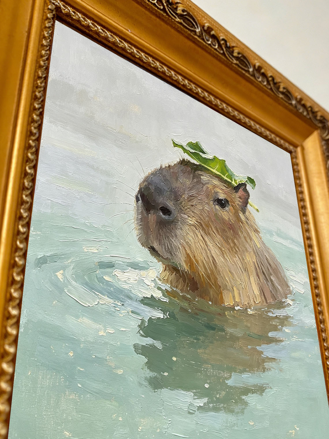 Capybara Water Leaf Oil Painting, Dining Room Wall Art, Custom oil painting from photo, Gift for Friend