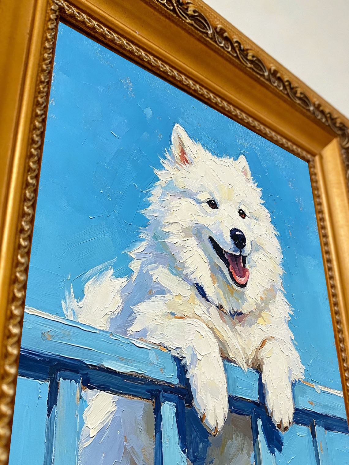 Samoyed Dog Blue Sky Oil Painting, Dining Room Wall Art, Custom oil painting from photo ,Gift for Friend
