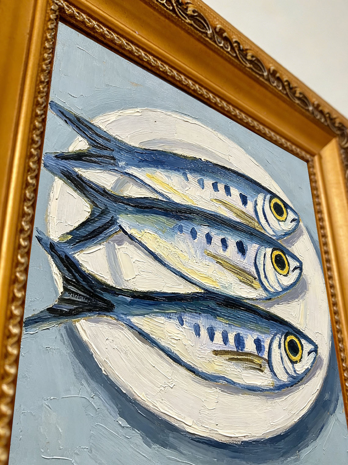 Three Sardines on Plate Oil Painting, Dining Room Wall Decor, Custom Oil Painting From Photo, Gift for Friend