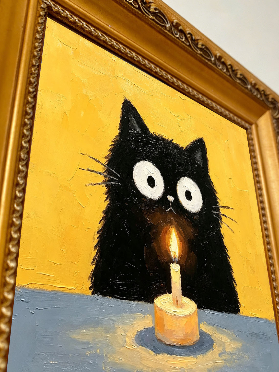 Hand-painted Black Cat Candle Painting, Dining Room Wall Art,Custom Oil Painting from photo, Gift for friend