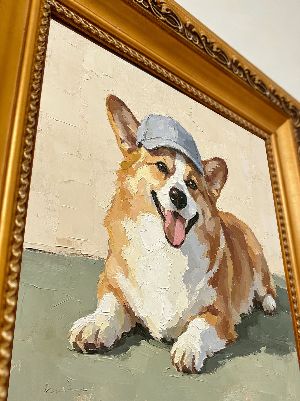 Corgi Dog Blue Cap Oil Painting,Dining Room Wall Art, Custom oil painting from photo, Gift for Friend