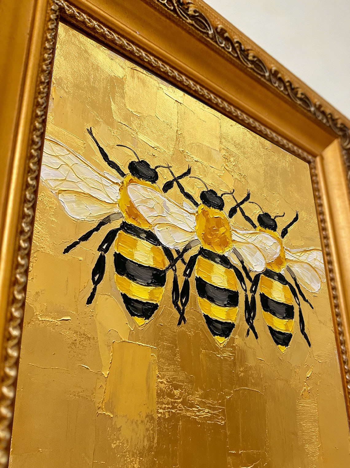 Three Bees Gold Oil Painting,Dining Room Wall Art,Custom from photo,Gift for Friend
