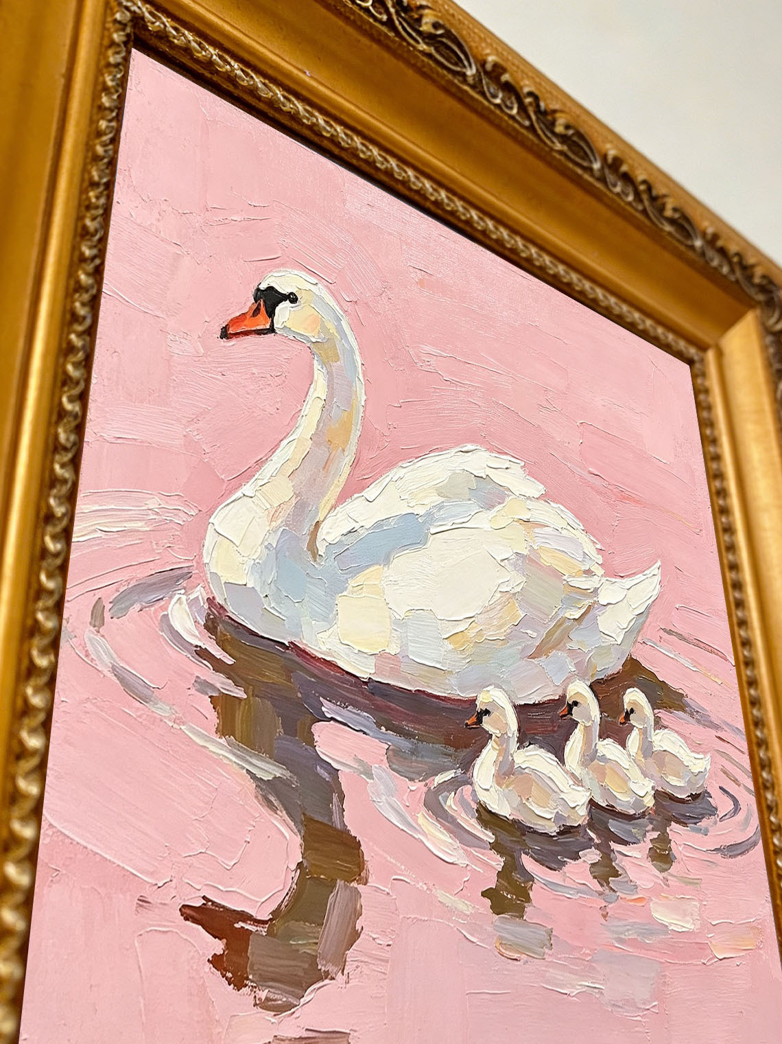 Swan Cygnets Pink Oil Painting, Dining Room Wall Art, Custom oil painting from photo Gift for Friend