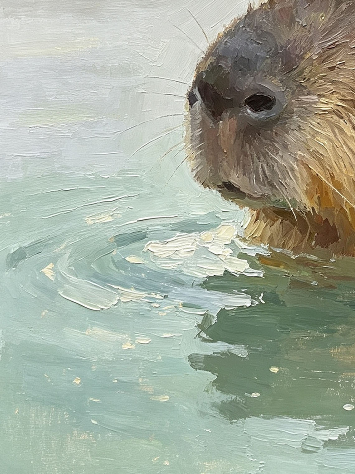 Capybara Water Leaf Oil Painting, Dining Room Wall Art, Custom oil painting from photo, Gift for Friend