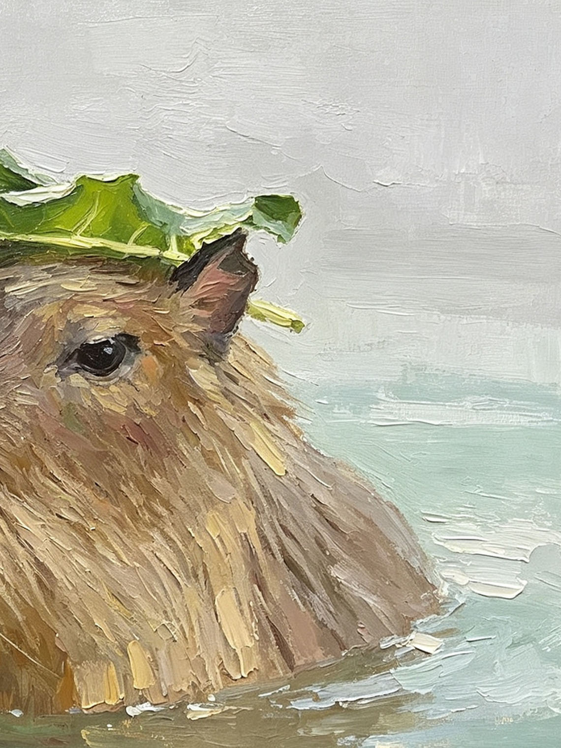 Capybara Water Leaf Oil Painting, Dining Room Wall Art, Custom oil painting from photo, Gift for Friend